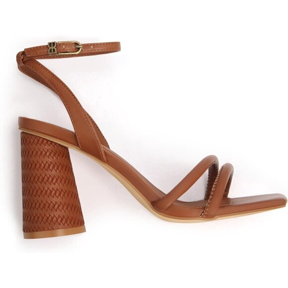 Women's Brown Block High Heels Square Toe Heeled Sandals Ankle Strap Shoes - Picture 2 of 6